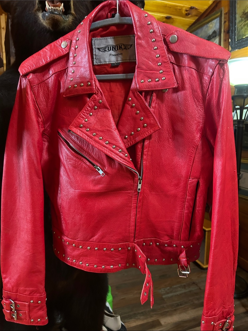 Unik Red Studded Leather Biker Jacket
